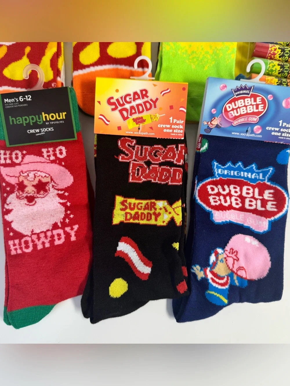 Novelty Socks & Sour Patch Lip Balm Lot Pringles Reese’s Sugar Daddy Tipsy Elves